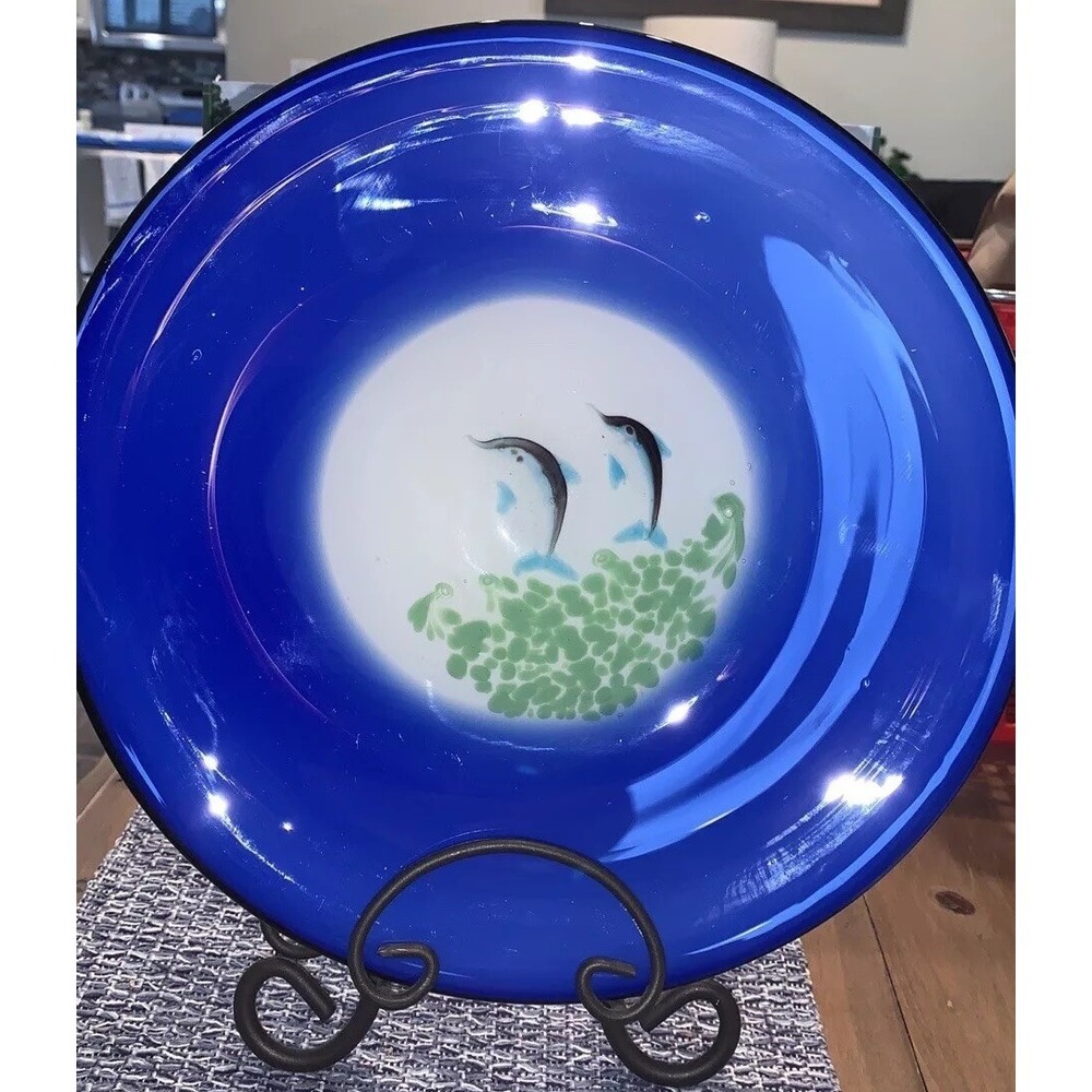 Vintage Murano Style Blue Art Glass Bowl With Dolphin Center Design With Stand